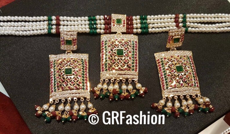 Wedding Pearl Indian jewelry Traditional Hyderabadi ruby,emerald Jadau choker set