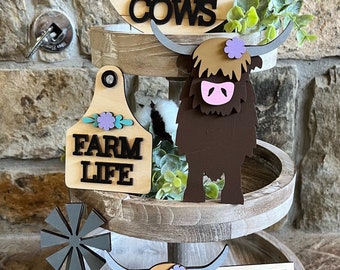 Highland Cow Tiered Tray Decor, 3D Farmhouse Mini Signs