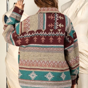 thumbnail image 2 of SELINK Womens Aztec Print Fleece Hoodie Jacket Button Down Shacket Casual Sherpa Coats Warm Outwear With Pockets, Apricot, Small 2 of 13