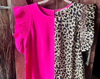 Pink blouse, cheetah blouse, leopard top, u neck shirt, womens blouse, short sleeve blouse, southern shirt,  fall shirt, for her, gift