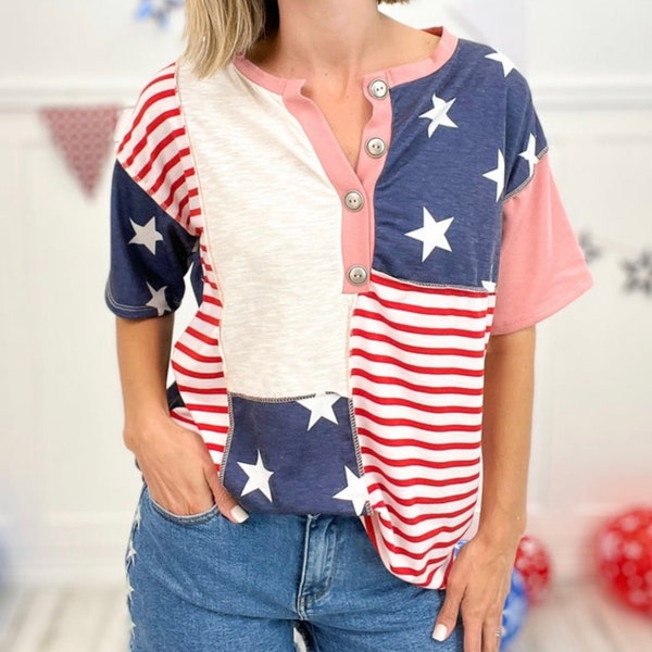 Patriotic shirt, Stars and Stripes top, 4th of July outfit, Memorial Day outfit, Loose fitting, color block blouse, womens clothing, for her