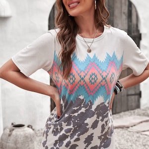 Western Aztec Print top, Cowhide top, Western top, Aztec Geometric print, Distressed shirt, blouse, shirt, for her, womens, Cowgirl, gift