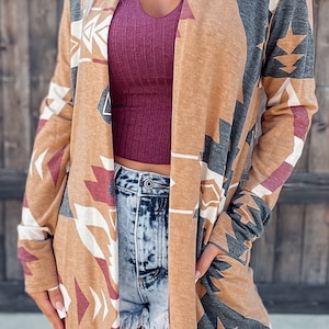 Western Aztec Print cardigan, boho vintage, Yellowstone inspired, for her, for women, Aztec womens kimono, blues and brown, gift