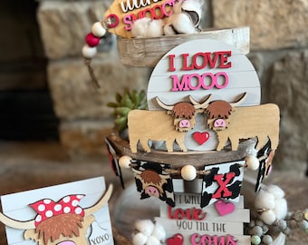 Highland Cow Valentine's Tiered Tray Decor, Farmhouse Style