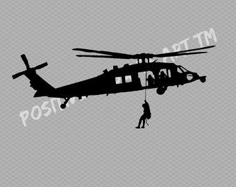 Może przedstawiać: Czarna sylwetka helikoptera z osobą opuszczającą się na linie. Helikopter ma duże, okrągłe okno z boku i małe, okrągłe okno na górze. Osoba opuszcza się na linie z helikoptera.