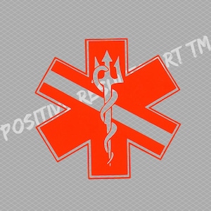 May include: A red star of life medical symbol with a white trident and snake design in the center. The star of life is a symbol used by emergency medical services.