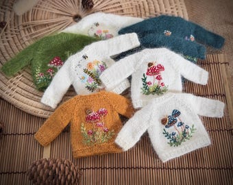 Ręcznie haftowany kardigan z grzybami, sweter botaniczny Cottagecore, ręcznie robiony sweter z grzybami na prezent