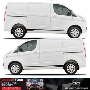 Puede incluir: Se muestran dos furgonetas blancas con detalles negros y ruedas negras. Las furgonetas tienen un diseño de rayas laterales. La parte inferior de la imagen tiene el texto "Unleash YOUR CAR'S TRUE IDENTITY WITH STRIPES THAT STAND OUT!" y el logotipo "CONCEPT GRAPHICS".