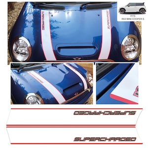 Supercharged White Bonnet Stripes Decals Fits Mini Cooper S R53 Bubble Free Exact Fit
