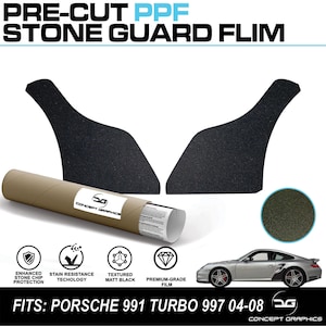May include: Black pre-cut PPF stone guard film for Porsche 991 Turbo 997 04-08. The image shows two black textured pieces, a rolled tube, and a silver car. Text includes "PRE-CUT PPF STONE GUARD FLIM" and "CONCEPT GRAPHICS".