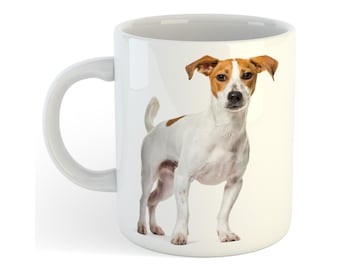 May include: White ceramic mug with a brown and white Jack Russell Terrier dog printed on it.