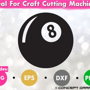Puede incluir: Gráfico de bola negra y blanca número 8 para máquinas de corte artesanal. Incluye los formatos de archivo SVG, EPS, DXF y PNG.