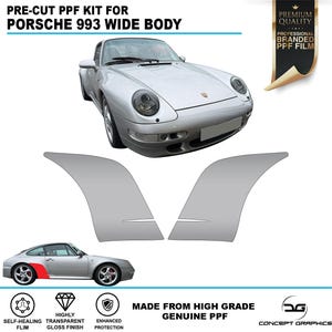 Puede incluir: Un Porsche 993 wide body plateado con un kit PPF precortado. La imagen incluye un gráfico del coche y las piezas del kit PPF. El texto de la imagen dice "PRE-CUT PPF KIT FOR PORSCHE 993 WIDE BODY".