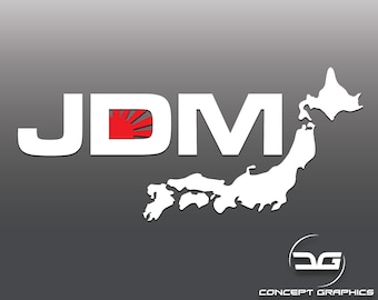 May include: White "JDM" text with a red sun graphic, and a white outline of Japan on a gray gradient background. The text "CONCEPT GRAPHICS" is in white at the bottom.