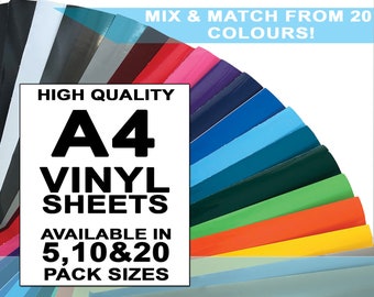 May include: A4 vinyl sheets in a variety of colors.  The sheets are available in packs of 5, 10, and 20.  Mix and match from 20 colors!