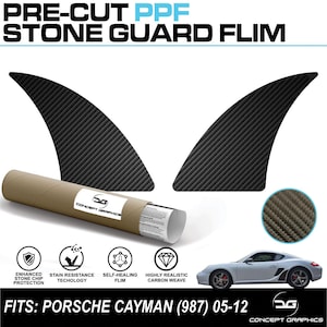 May include: Pre-cut PPF Stone Guard Flim for Porsche Cayman. The image shows two black carbon fiber textured pieces, a roll, and a small car. The text includes "Enhanced Stone Chip Protection" and "Self-Healing Flim".