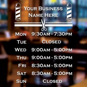 Barber Shop Salon Custom Personalised Business Window Wall Opening Times Sign Vinyl Decal Sticker Hours Sign With Business Name