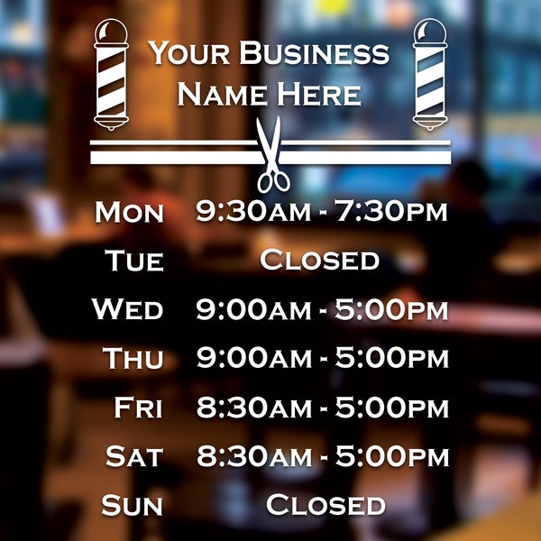 Barber Shop Salon Custom Personalised Business Window Wall Opening Times Sign Vinyl Decal Sticker Hours Sign With Business Name