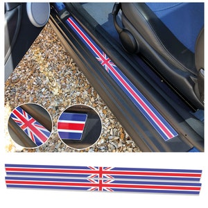 May include: A set of three car door sill protectors with a red, white, and blue Union Jack flag design. The protectors are made of durable vinyl and are easy to apply.