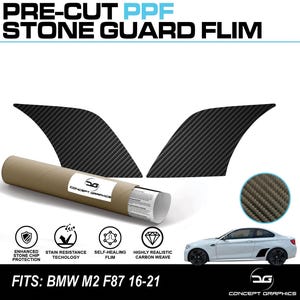 May include: Pre-cut PPF Stone Guard Film for BMW M2 F87 16-21. The image displays two carbon fibre textured pieces, a roll of film, and a white car. The text highlights enhanced stone chip protection, stain resistance, self-healing film, and highly realistic carbon weave.