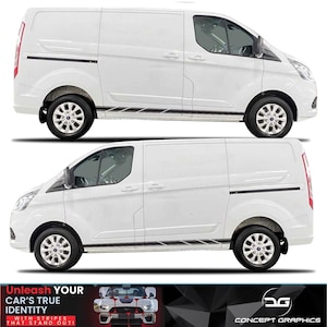 Puede incluir: Se muestran dos furgonetas blancas con detalles en negro y ruedas negras y plateadas. Cada furgoneta tiene una franja negra a lo largo del lateral. La parte inferior de la imagen tiene el texto "Unleash Your Car's True Identity with Stripes That Stand Out!"