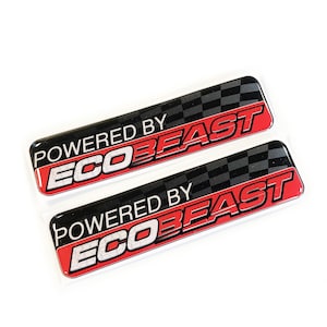 May include: Two red and black decals with a chequered background. The decals say "Powered by EcoBeast".
