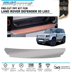 May include: A pre-cut PPF kit for a Land Rover Defender 90 L663. The image shows a silver SUV and a protective film. The text includes "PRE-CUT PPF KIT FOR LAND ROVER DEFENDER 90 L663", "HIGH QUALITY POLYMERIC FILM", and "EXCELLENT PROTECTION".