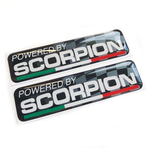 2x  Powered By Scorpion Italian 3D Domed Gel Decal Sticker Badges Fits Abarth