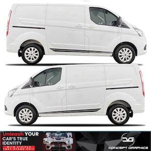 Puede incluir: Se muestran dos furgonetas blancas con detalles negros y ruedas negras. Las furgonetas tienen una franja lateral y luces traseras rojas. Un banner en la parte inferior muestra el texto "Unleash YOUR CAR'S TRUE IDENTITY WITH STRIPES THAT STAND OUT!" y "CONCEPT GRAPHICS".