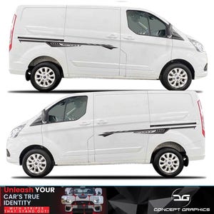 Puede incluir: Dos furgonetas blancas con rayas laterales negras y grises que dicen "SPORT". Las furgonetas tienen ruedas negras y cristales tintados. La parte inferior de la imagen tiene el texto "Unleash YOUR CAR'S TRUE IDENTITY WITH STRIPES THAT STAND OUT!"