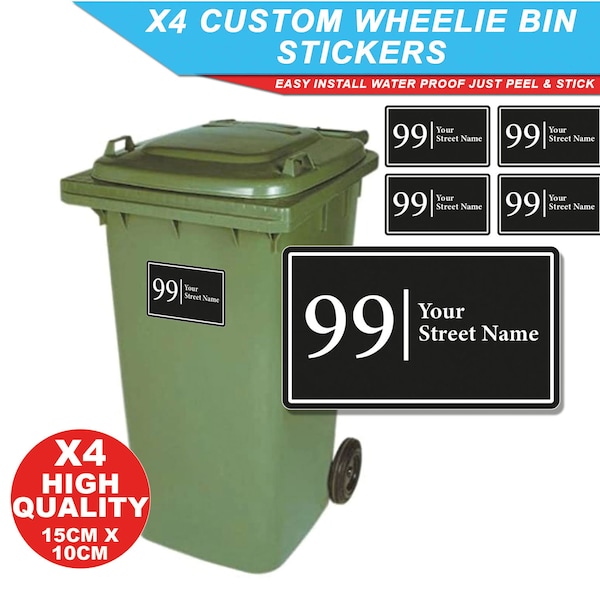 4x Custom Personalised House Numbers & Street Name Wheelie Bin Decal Vinyl Stickers