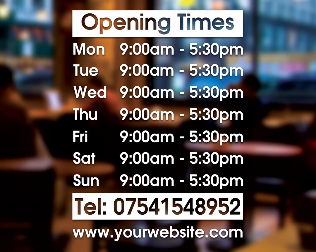 Restaurant Operating Hours Bespoke Opening Times Sign Custom Personalised Business Hours Window ...