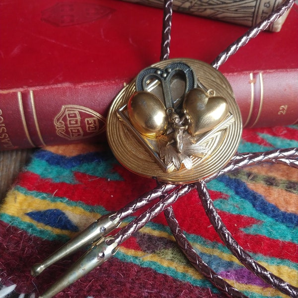 Vintage Handcrafted Love Charm Bolo Tie // Abstract Western String Tie