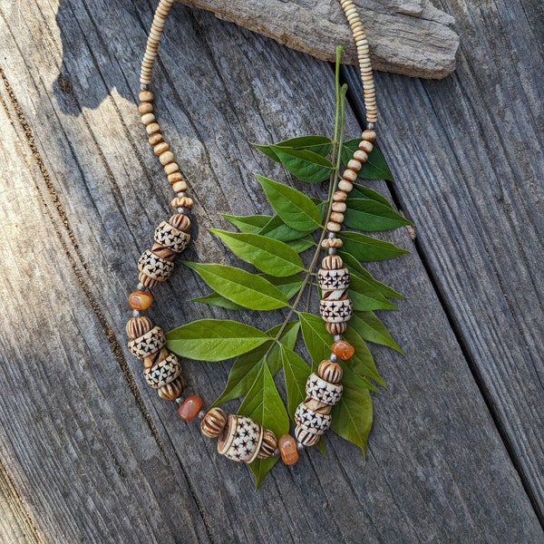 Vintage African Carnelian & Bone Tribal Necklace, Unisex Beaded Necklace