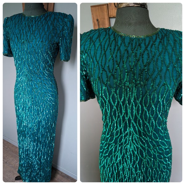 Vintage Silk Dress Sequin Evening Gown Teal Green 80s Beaded Dress Formal Event Outfit