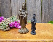 2 Vintage Guan Yin Miniature Figurines Chinese Guanyin Goddess of Mercy Statues Feng Shui Decor Travel Shrine Amulets
