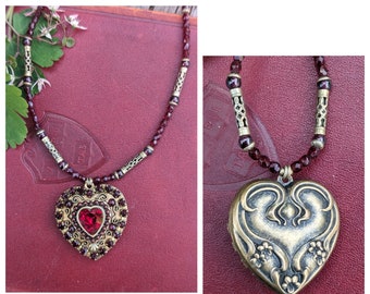 Vintage Michal Golan Red Rhinestone Heart Necklace, Romantic Gift, Mothers Day Gift