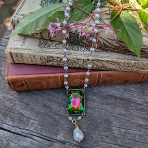 Vintage Rainbow Crystal Pearl Necklace, Bridgerton Costume Jewelry