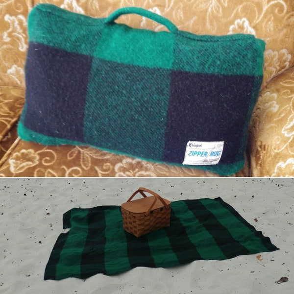 Vintage Wool Picnic Blanket // Green Plaid Stadium Blanket // Kaiapoi Zipper Rug Perfect For Car, Travel or Games // Sports Fan Gift