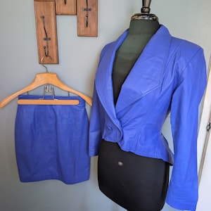 Vintage 80&#39;s Blue Leather Jacket & Skirt Women&#39;s Size Small