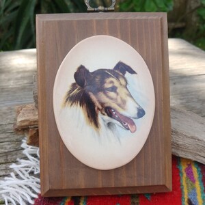May include: A wooden framed wall plaque with a ceramic oval insert featuring a painted portrait of a brown and white Collie dog.