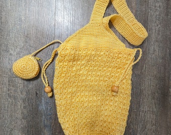 Vintage Drawstring Crochet Purse, Yellow Bohemian Shoulder Bag