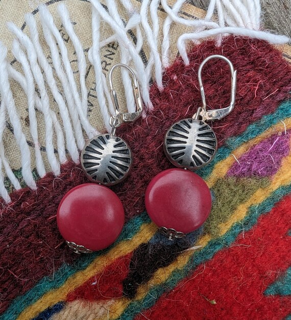 Vintage Sterling Silver Coral Earrings, Red South… - image 1
