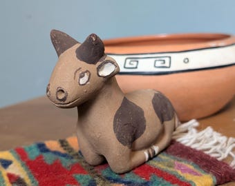 Vintage Peru Pottery Cow Figurine, Clay Native Folk Art, Southwestern Decor