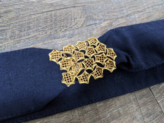 Vintage Linen Cinch Belt, 80's Blue & Gold Wide B… - image 9