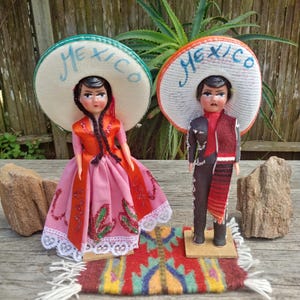 2 Vintage Mexican Folk Art Dolls, Retro Camino Real Tequila Advertising Figurines