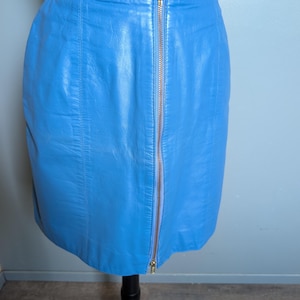 Vintage 80s Blue Leather Skirt, Retro Zipper Skirt