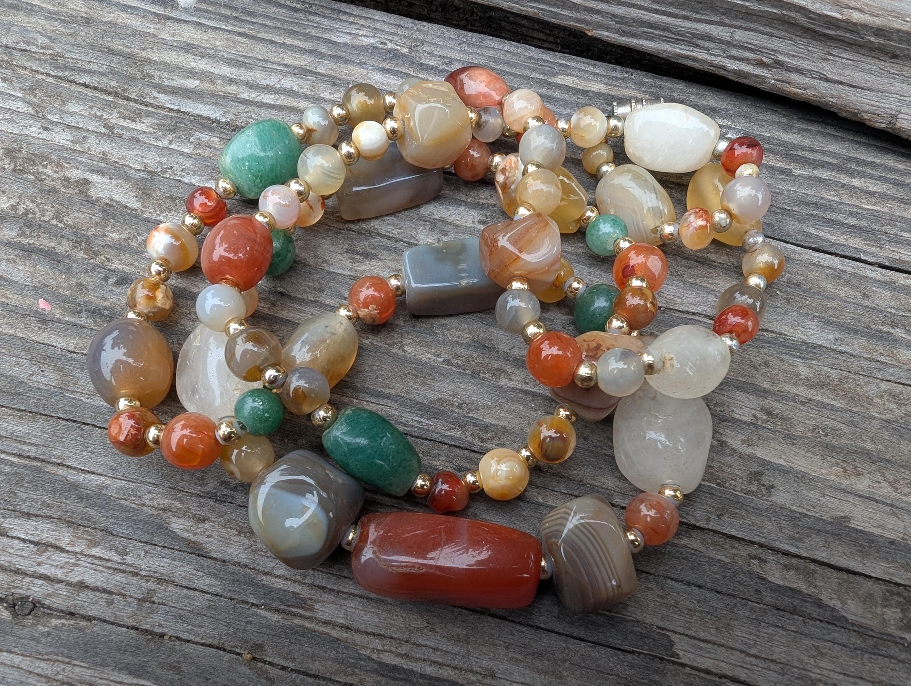 Vintage Agate Necklace, Long Beaded Stone Necklace