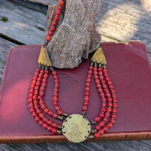 Vintage Brass & Red Bead Tribal Necklace, Ethnic Bohemian Jewelry