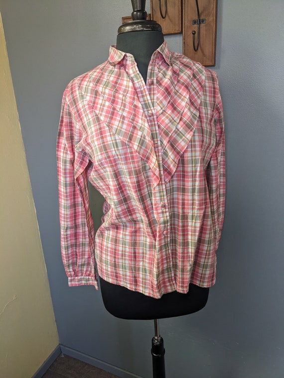 Vintage 80s Prairie Blouse, Ruffled Plaid  Lightwe